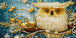 Diamond Painting einer weißen Eule auf einem Ast mit goldenen Verzierungen und Schneeflocken. Mockup.