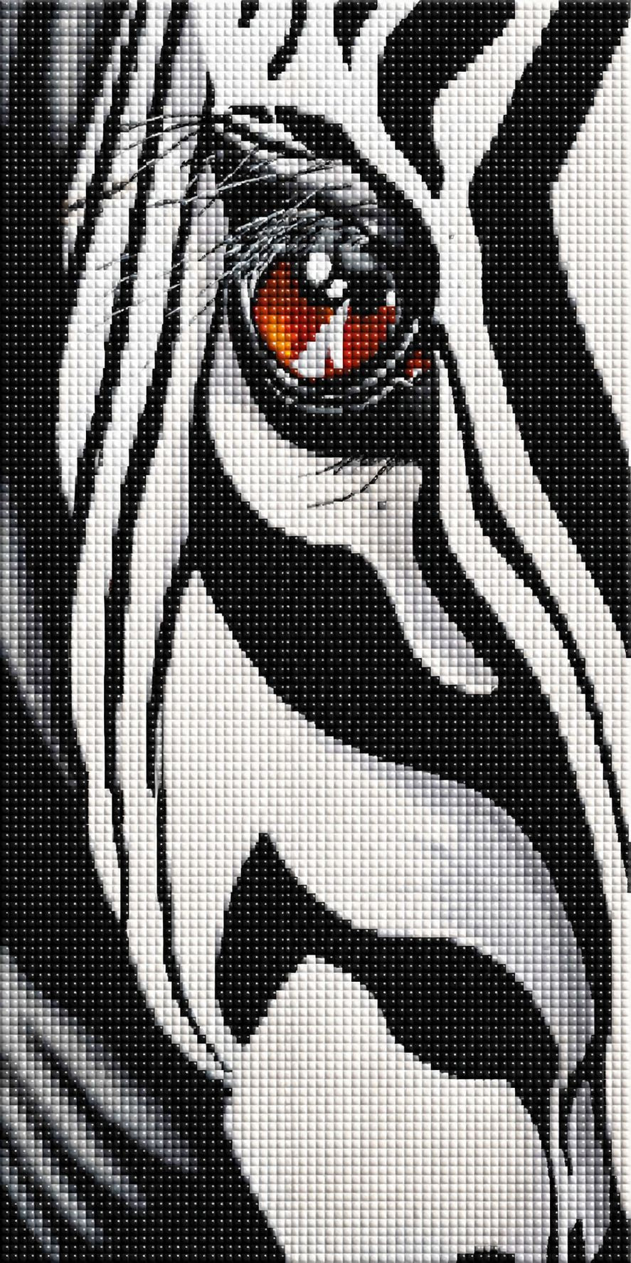 Diamond Painting Nahaufnahme eines Zebras mit einem auffällig leuchtenden Auge. Mockup.