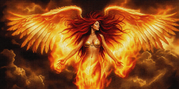 Diamond Painting einer Frau mit brennenden Flügeln, die aus Flammen emporsteigt. Mockup.