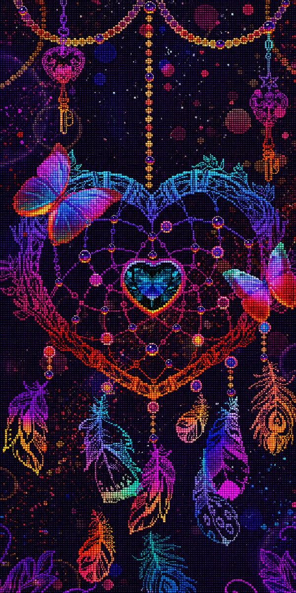 Diamond Painting eines herzförmigen Traumfängers mit bunten Federn und Schmetterlingen auf Sternenhintergrund. Mockup.