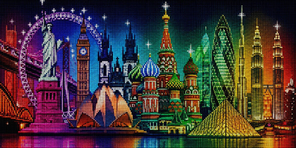 Diamond Painting einer Collage weltweiter Wahrzeichen wie Freiheitsstatue und Big Ben in bunten Farben. Mockup.
