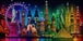 Diamond Painting einer Collage weltweiter Wahrzeichen wie Freiheitsstatue und Big Ben in bunten Farben. Mockup.