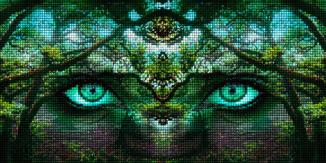 Diamond Painting mit mystischem Waldgeist aus Bäumen und leuchtend smaragdgrünen Augen. Mockup.