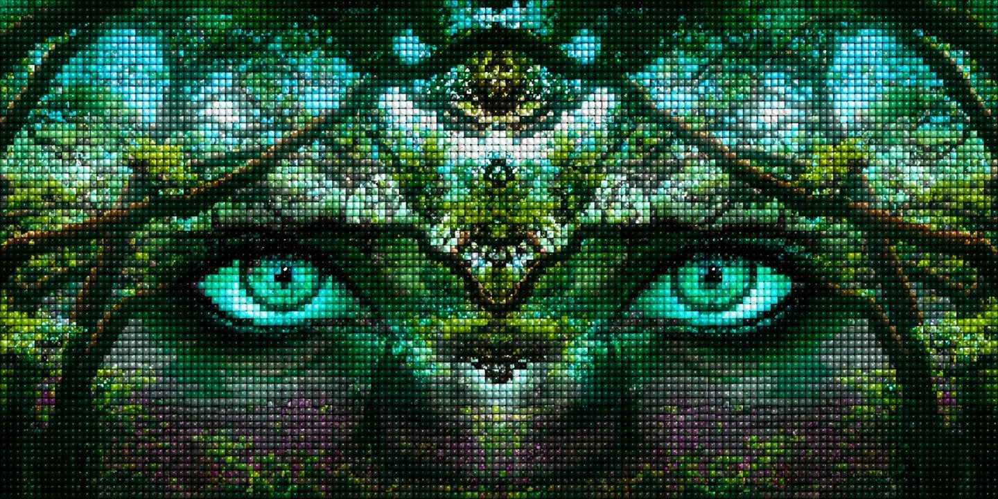 Diamond Painting mit mystischem Waldgeist aus Bäumen und leuchtend smaragdgrünen Augen. Mockup.