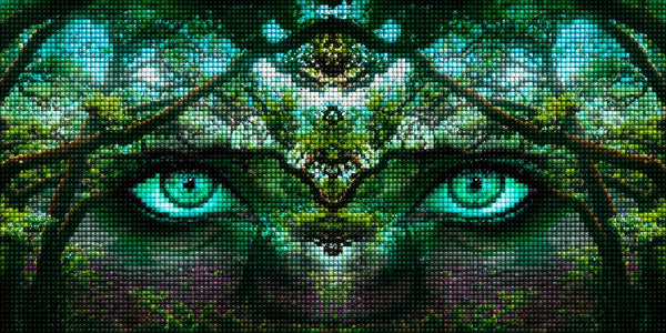 Diamond Painting mit mystischem Waldgeist aus Bäumen und leuchtend smaragdgrünen Augen. Mockup.