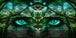 Diamond Painting mit mystischem Waldgeist aus Bäumen und leuchtend smaragdgrünen Augen. Mockup.