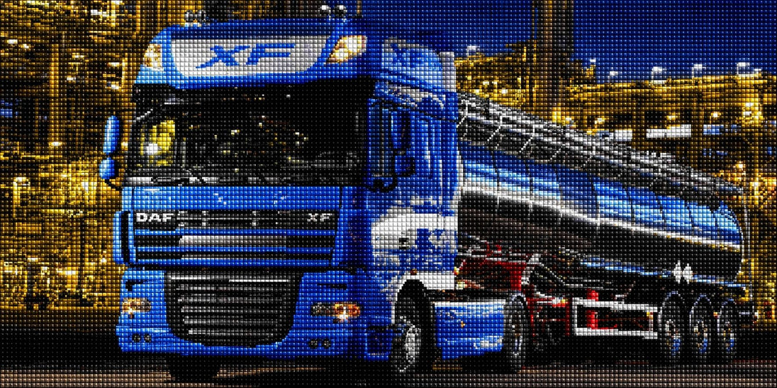 Diamond Painting mit blauem DAF Tanklastzug vor beleuchteter Industrieanlage bei Nacht. Mockup.