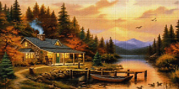 Diamond Painting mit Waldhütte am stillen See, Bootssteg, Ruderboot und herbstlichem Wald bei Sonnenuntergang. Mockup.