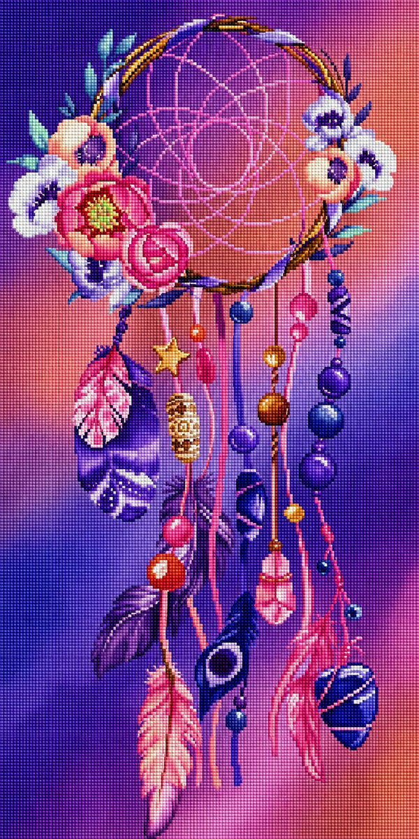 Diamond Painting mit floralem Boho Traumfänger, Federn, Perlen und Blüten in Flieder- und Rosatönen. Mockup.