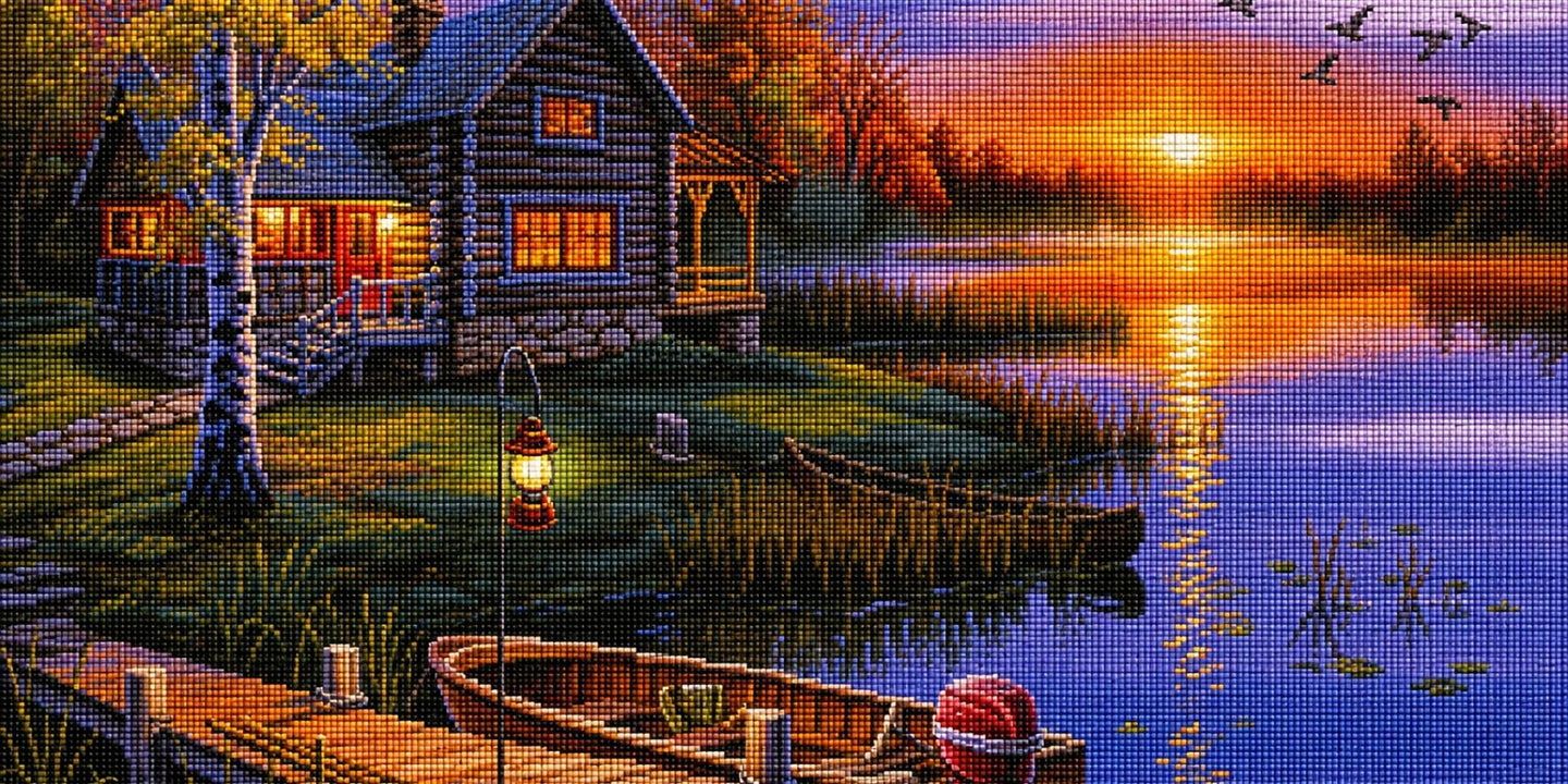 Diamond Painting mit Blockhütte am See, Bootssteg, Booten und Sonnenuntergang in herbstlicher Landschaft. Mockup.
