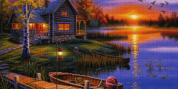 Diamond Painting mit Blockhütte am See, Bootssteg, Booten und Sonnenuntergang in herbstlicher Landschaft. Mockup.
