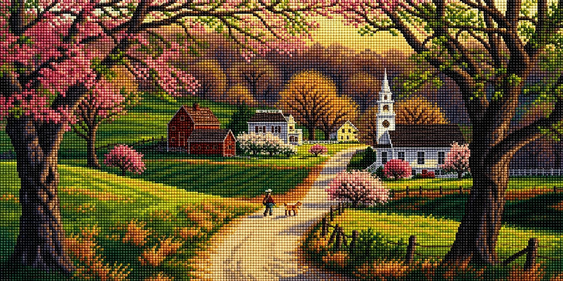 Diamond Painting mit blühendem Frühlingsdorf, Dorfkirche, Bauernhäusern und rosa Blütenbäumen. Mockup.