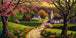 Diamond Painting mit blühendem Frühlingsdorf, Dorfkirche, Bauernhäusern und rosa Blütenbäumen. Mockup.