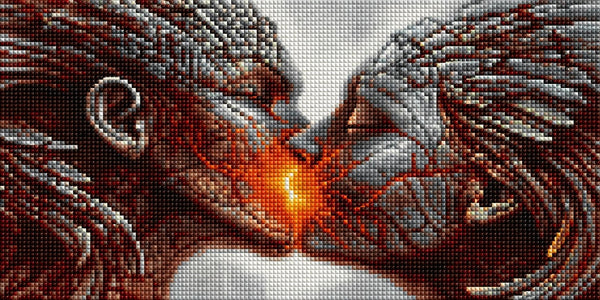 Diamond Painting eines sich küssenden Paares mit leuchtenden Lavarissen in den Gesichtern. Mockup.
