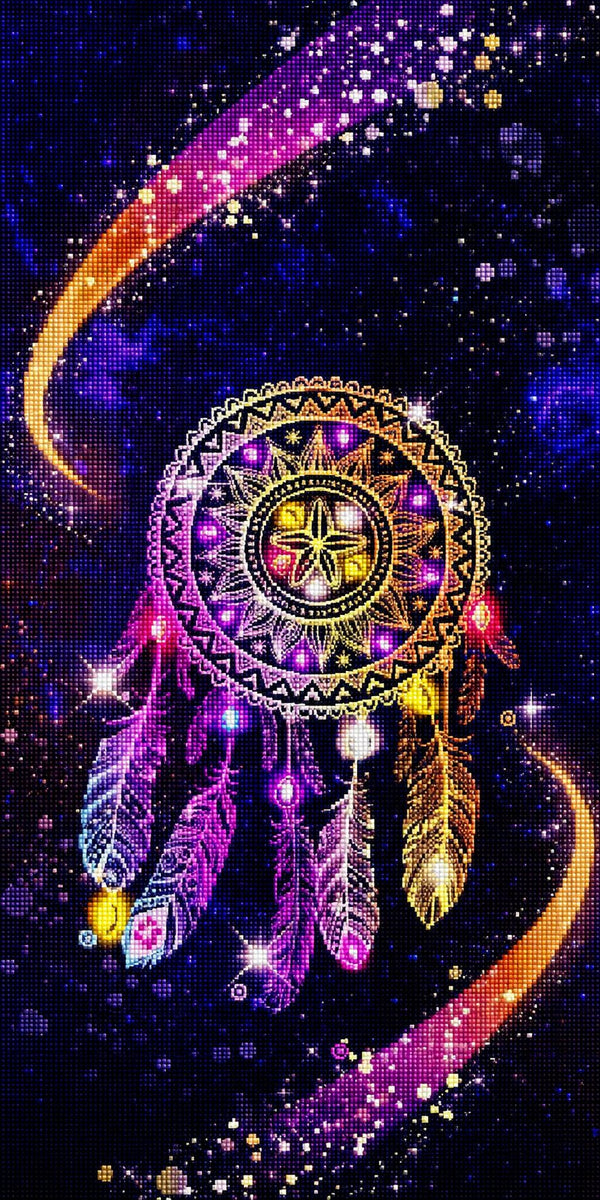 Diamond Painting mit leuchtendem Traumfänger, Sternenhimmel, Kometenschweifen und bunten Federn. Mockup.