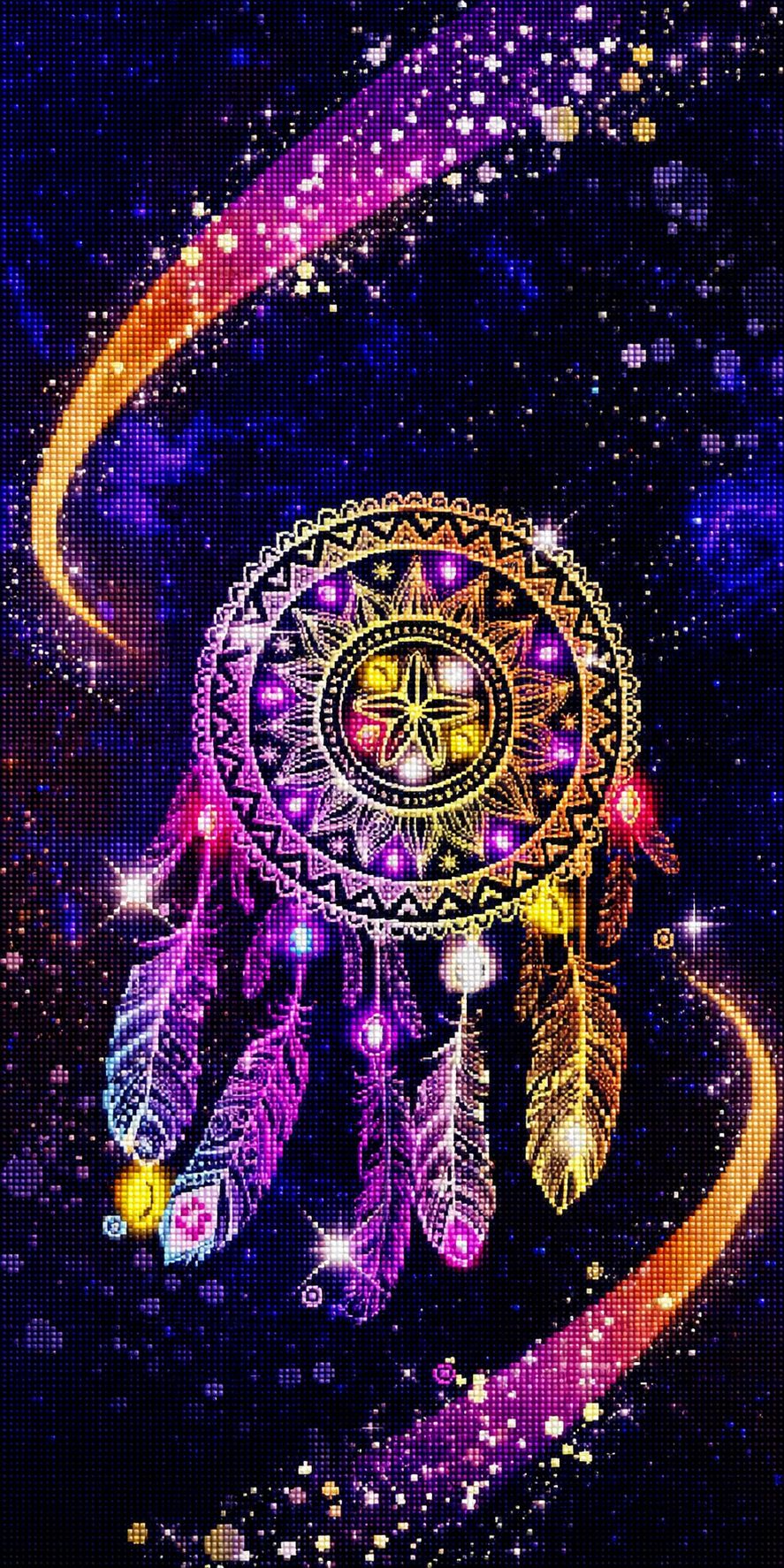 Diamond Painting mit leuchtendem Traumfänger, Sternenhimmel, Kometenschweifen und bunten Federn. Mockup.