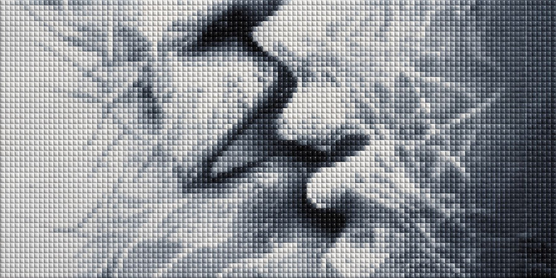 Diamond Painting mit zwei abstrakten Gesichtern in monochromer Linienstruktur und starker Hell-Dunkel-Wirkung. Mockup.