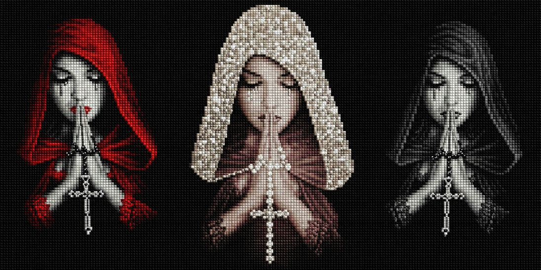Diamond Painting dreier weinender Frauen in Kapuzen beim Gebet mit Kreuzketten in Schwarz, Weiß und Rot. Mockup.