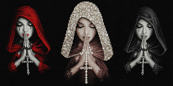 Diamond Painting dreier weinender Frauen in Kapuzen beim Gebet mit Kreuzketten in Schwarz, Weiß und Rot. Mockup.