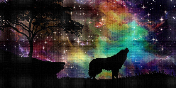 Diamond Painting Silhouette eines heulenden Wolfes vor einem bunten Sternenhimmel und einer Galaxie. Mockup.