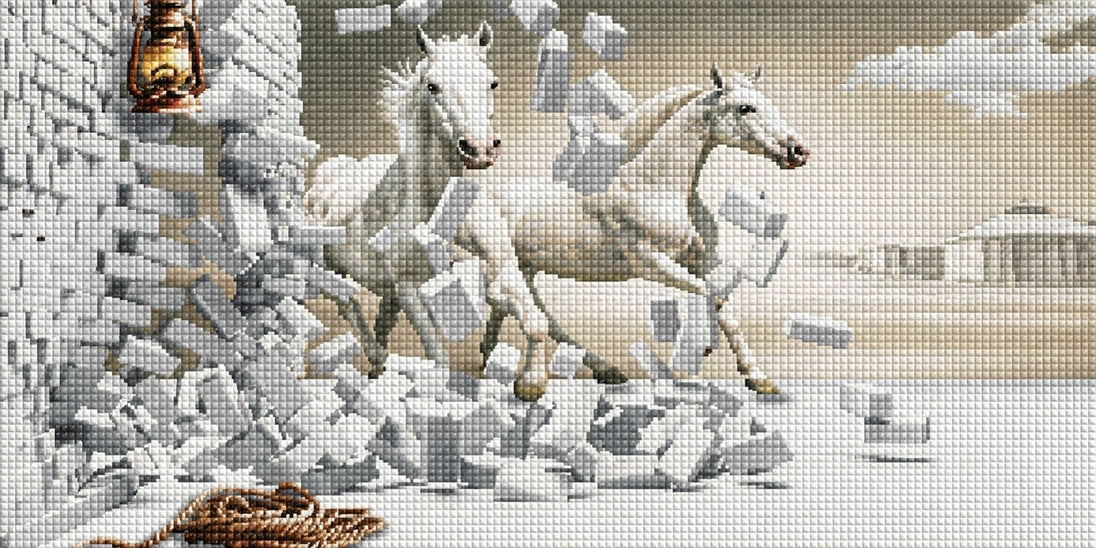 Diamond Painting zweier weißer Pferde, die durch eine zerbrechende weiße Steinmauer springen. Mockup.