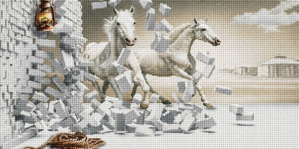 Diamond Painting zweier weißer Pferde, die durch eine zerbrechende weiße Steinmauer springen. Mockup.