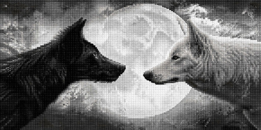 Diamond Painting eines schwarzen und eines weißen Wolfes im Profil vor einem großen Vollmond. Mockup.