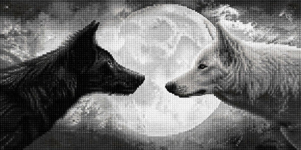 Diamond Painting eines schwarzen und eines weißen Wolfes im Profil vor einem großen Vollmond. Mockup.