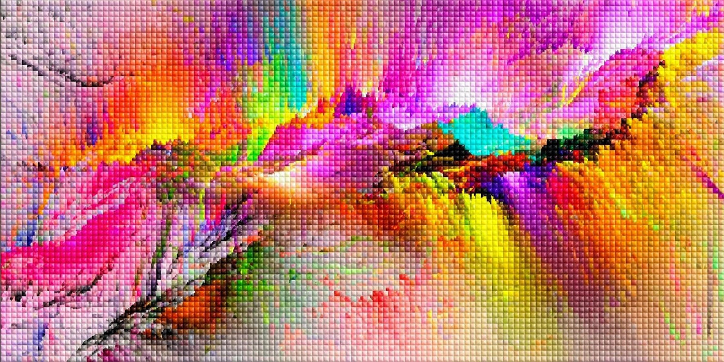 Diamond Painting einer bunten, abstrakten Farbexplosion mit pinken, gelben und blauen Strukturen. Mockup.
