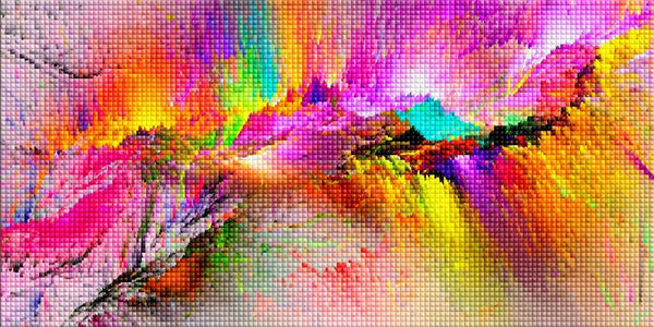 Diamond Painting einer bunten, abstrakten Farbexplosion mit pinken, gelben und blauen Strukturen. Mockup.