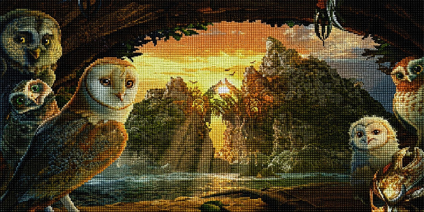 Diamond Painting mit mehreren Eulen vor leuchtender Felsenlandschaft im Fantasy-Stil. Mockup.