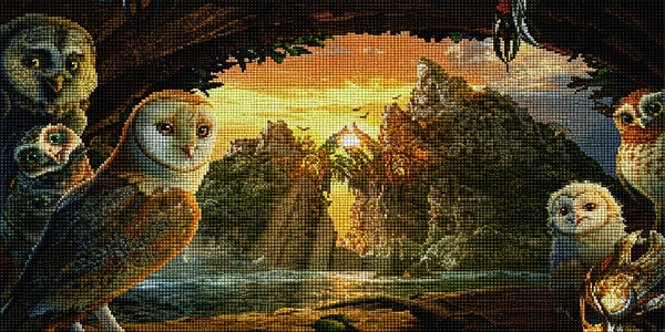 Diamond Painting mit mehreren Eulen vor leuchtender Felsenlandschaft im Fantasy-Stil. Mockup.