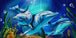 Diamond Painting mit drei Delfinen in einer leuchtenden Unterwasserlandschaft mit Korallen und Luftblasen. Mockup.