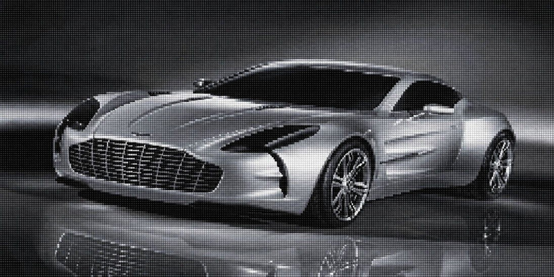 Diamond Painting eines silbernen Luxus-Sportwagens in einer dunklen Studio-Umgebung mit Lichtreflexen. Mockup.
