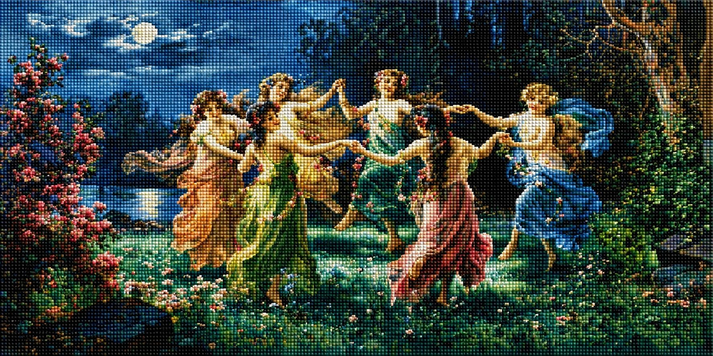 Diamond Painting von tanzenden Elfen im Kreis auf einer Blumenwiese unter dem Vollmond im Wald. Mockup.