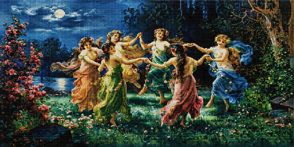 Diamond Painting von tanzenden Elfen im Kreis auf einer Blumenwiese unter dem Vollmond im Wald. Mockup.
