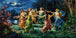Diamond Painting von tanzenden Elfen im Kreis auf einer Blumenwiese unter dem Vollmond im Wald. Mockup.