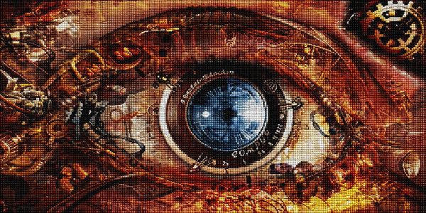 Diamond Painting mit mechanischem Steampunk-Auge, Kameraobjektiv und Zahnrädern in Kupferfarben. Mockup.
