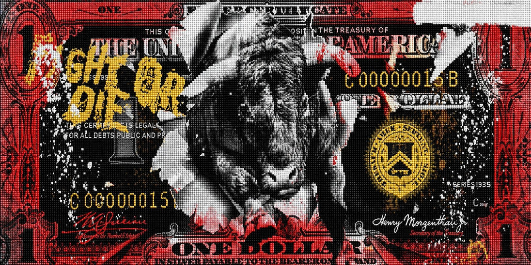 Diamond Painting mit schwarzem Bullen vor einer stilisierten Dollarbanknote im Street-Art-Design. Mockup.