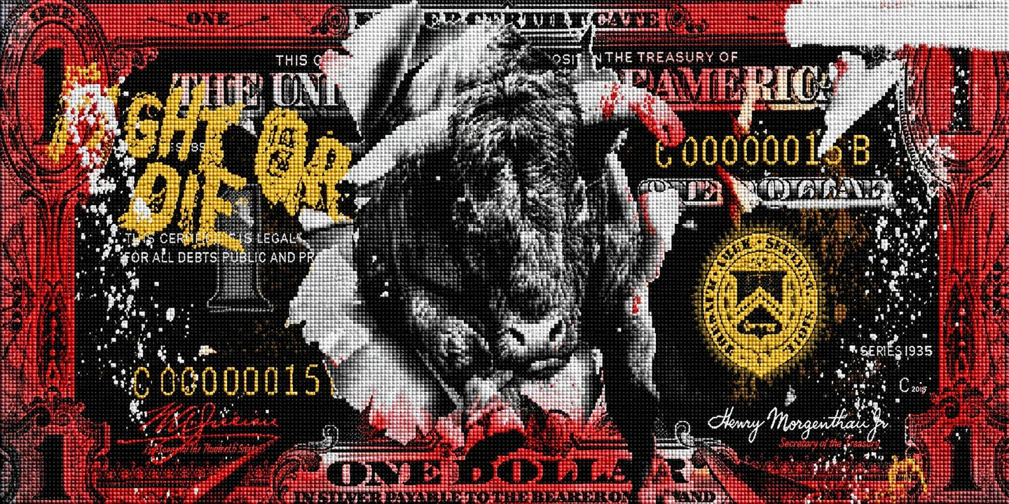 Diamond Painting mit schwarzem Bullen vor einer stilisierten Dollarbanknote im Street-Art-Design. Mockup.