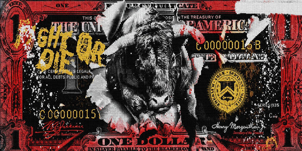 Diamond Painting mit schwarzem Bullen vor einer stilisierten Dollarbanknote im Street-Art-Design. Mockup.