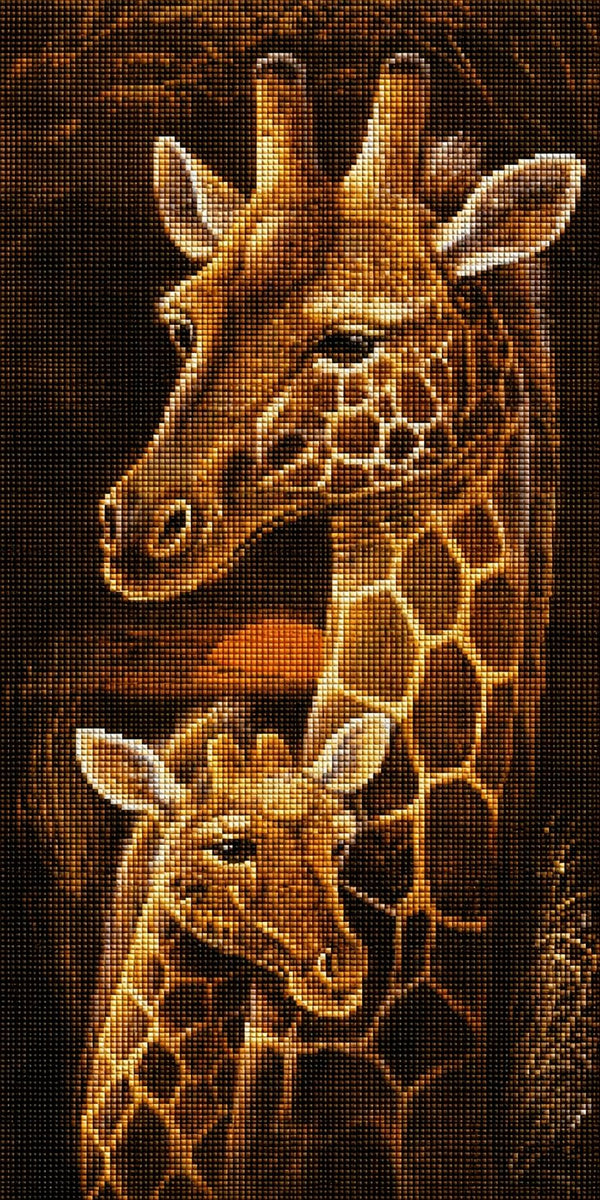 Diamond Painting mit einer Giraffenmutter und ihrem Jungtier als realistisches Tierportrait. Mockup.