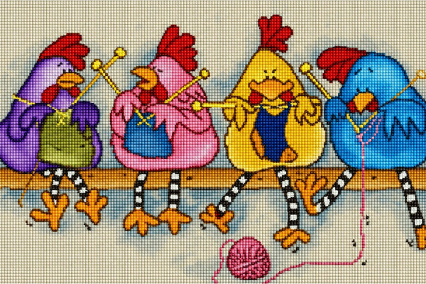 Diamond Painting von vier bunten, strickenden Hühnern auf einer Stange in Gelb, Blau und Pink. Mockup.
