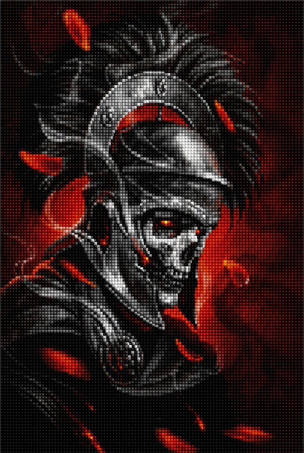 Diamond Painting eines Skelett-Ritters im antiken Helm mit glühenden Augen und rotem Hintergrund. Mockup.