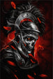 Diamond Painting eines Skelett-Ritters im antiken Helm mit glühenden Augen und rotem Hintergrund. Mockup.