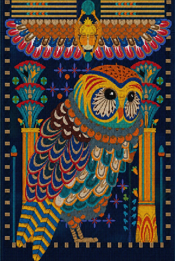 Diamond Painting einer bunt gemusterten Eule im ägyptischen Stil mit Scarabäus und Lotus-Symbolen. Mockup.