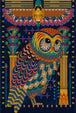 Diamond Painting einer bunt gemusterten Eule im ägyptischen Stil mit Scarabäus und Lotus-Symbolen. Mockup.