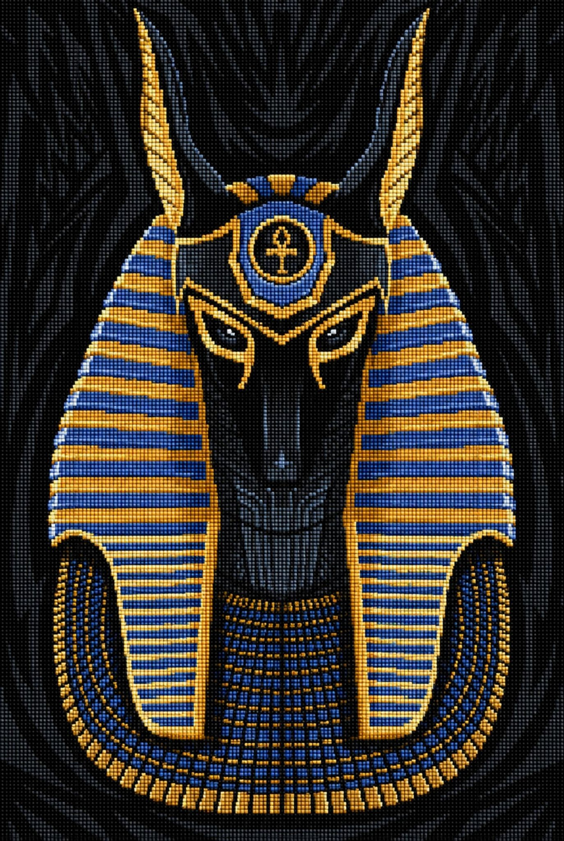Diamond Painting Portrait des Gottes Anubis in Schwarz mit goldenem und blauem Kopfschmuck. Mockup.