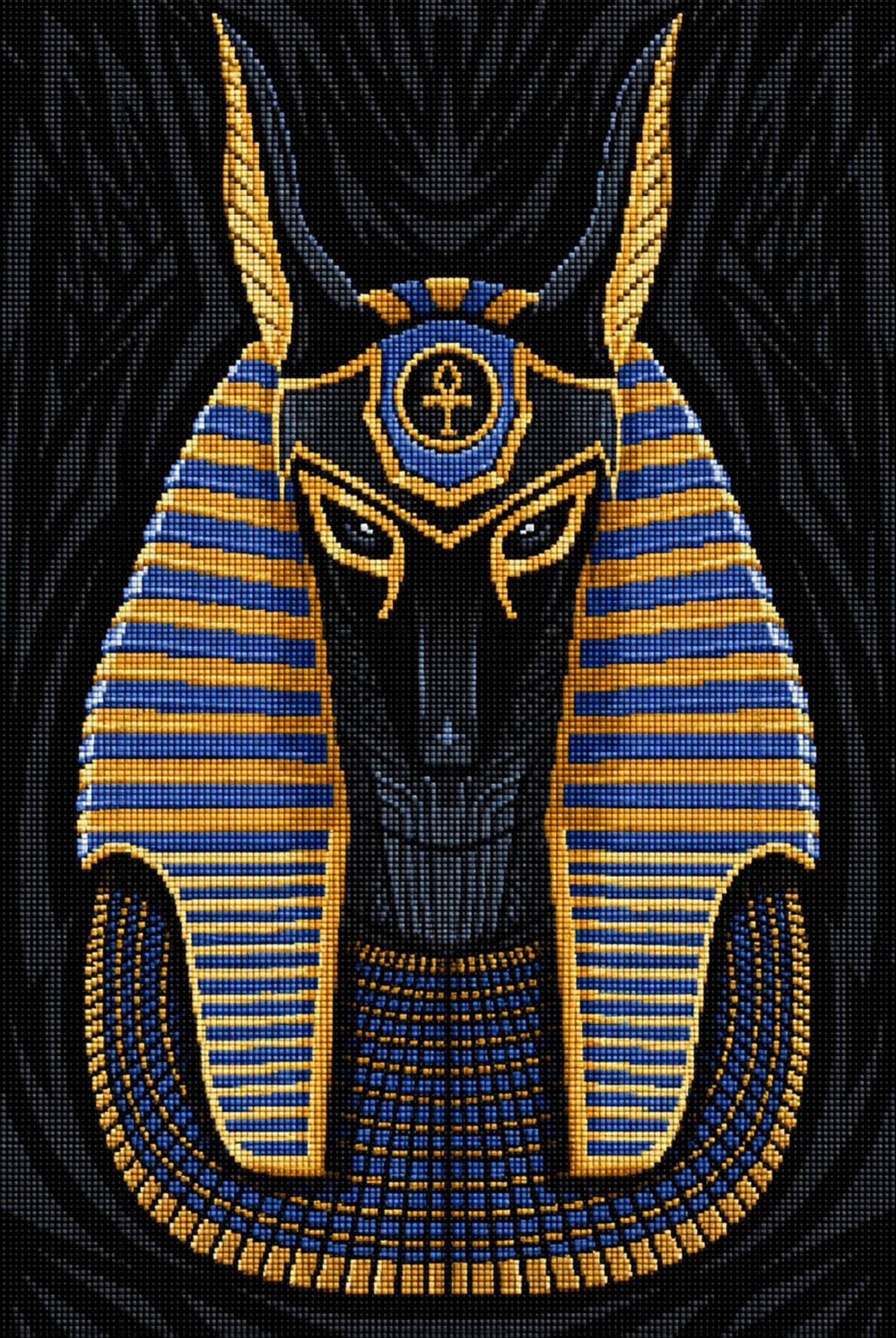 Diamond Painting Portrait des Gottes Anubis in Schwarz mit goldenem und blauem Kopfschmuck. Mockup.