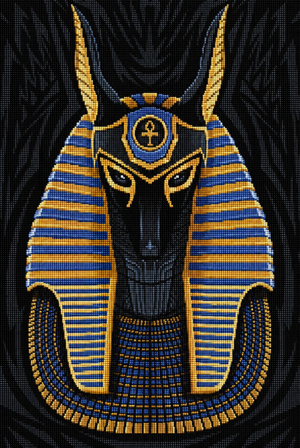 Diamond Painting Portrait des Gottes Anubis in Schwarz mit goldenem und blauem Kopfschmuck. Mockup.